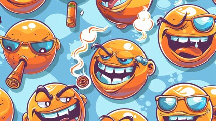 An illustration of smile faces, funny emoji, and holiday emoji on a seamless modern background. Cute cartoon smiling characters laughing, smoking cigars, and with a monocle or tongue sticking out.