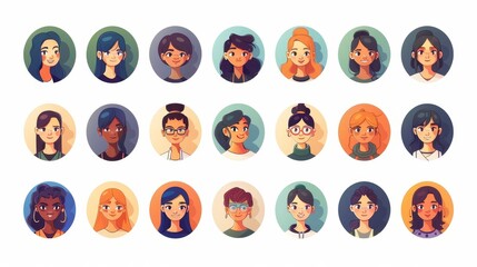 Wall Mural - Women portrait avatar icon collection, a large set of female user faces. People profile flat cartoon modern illustration of a businesswoman with a sunny smile.