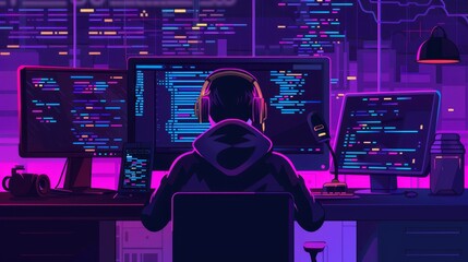 programming code on computer laptop screen, modern icon flat graphic illustration, developer person 