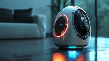 Poster - Design a sleek, futuristic smart home device, incorporating holographic interfaces and metallic finishes for a high-tech aesthetic. Generative AI.