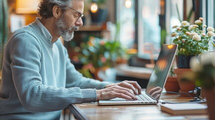 Aufkleber - A business men using the laptop in the office, light wood table. Generative AI.