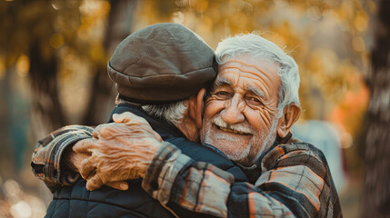 two elderly men are hugging. concept of strong friendship for life. meeting of two old friends. octo
