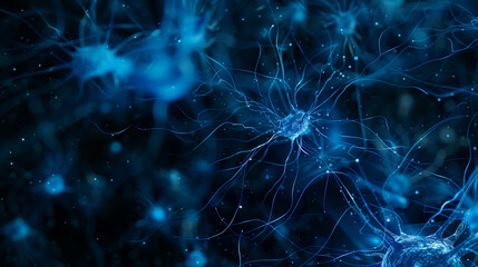 abstract dark blue background. flashes of neon electric light. neurons, neural connections. horizont
