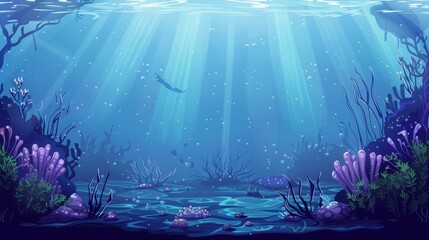 Wall Mural - Sea underwater background. Marine sea bottom with underwater plants, corals, and fishes. Panoramic seascape illustration.