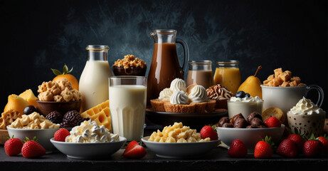 Favorite dairy products and frozen desserts, set against a dark and dramatic background.