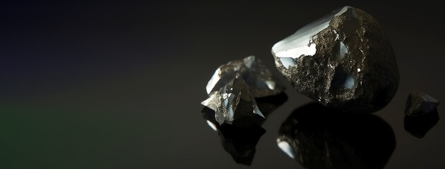 Iridium is rare precious natural stone on black background. AI generated. Header banner mockup with space.