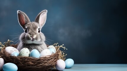 Cute Rabbit in Nest with Easter Eggs