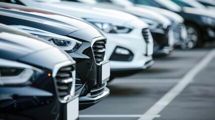 Show a close-up of the front grilles and headlights of cars lined up in the dealer parking lot, highlighting the sleek designs and modern features. 