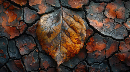Wall Mural - Closeup shot of a Deciduous Leaf on a cracked Asphalt Road surface