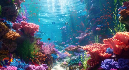 Wall Mural - Aquarium Fish. Underwater Coral Reef Scene with Exotic Fishes and Sea Life Panorama