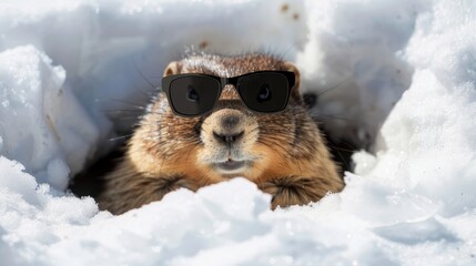 On a sunny day, a cute, fluffy marmot climbed out of his hole wearing sunglasses.