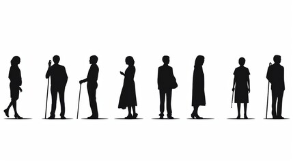 Holding hands stick figure people man woman vector icon pictogram set. Stickman human standing together in line row border male female silhouette on white background