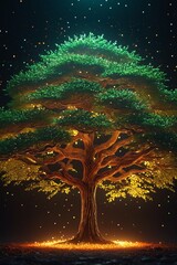 Wall Mural - Magical tree with luminous roots and floating lights in a fairy-tale forest setting. The shining tree of life. Beautiful Japanese bonsai tree.