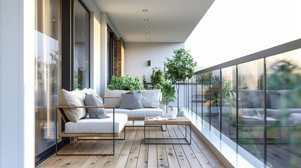 Poster - Modern balcony, Coffee table, Wooden floor, Single seat, White walls, Guardrail, Glass-framed doors. Generative AI.