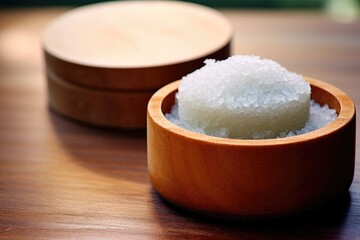 Salt Scrub: Close-ups of a salt scrub container.