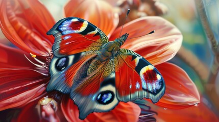 Wall Mural - Amazing Vibrant animal markings on butterfly wing pollinating purple daisy blossom