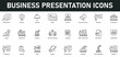 © Icon Zilla - Business Presentation Icons vector illustration with thin line editable stroke containing keynote, slides, seminar, key information, conference, graph, explanation, audience, meeting, schedule, sales