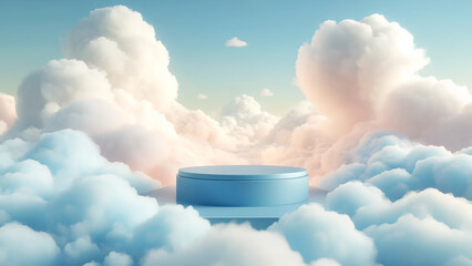 dreamy cloud background sets the stage for a blue product display podium, floating amidst the sky.