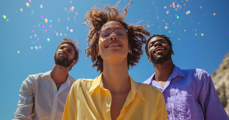 Poster - A celebration of people celebrating breathing, people are taking deep breaths, they are very happy. Generative AI.