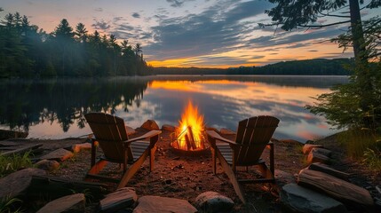 Lakeside campfire at sunset with adirondack chairs, glowing flames, and lake reflection