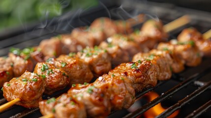 Wall Mural - Grilled meat skewers, marinated meat, perfectly charred and caramelized on skewers