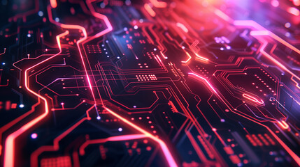 A computer chip with a pink and blue background