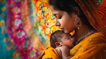 Against a backdrop of vibrant colors, an Indian mother holds her newborn in a moment of pure love and tenderness