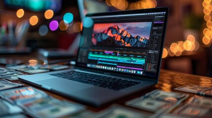 Poster - A sleek laptop displaying video editing software, surrounded by colorful dollar bills. Generative AI.