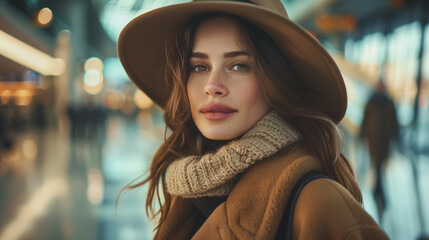 At the airport, a close-up of a young woman traveler in a stylish hat, looking up eagerly, embodies the spirit of travel and adventure.