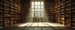 © pawimon - A quiet library with rows of bookshelves, a single ray of sunlight streaming through a window, capturing the silence, aerial style