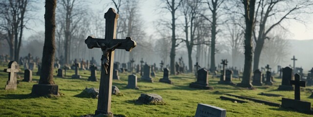 A cross is in a cemetery with a sky background. Stone cross tombstone in the cemetery. Symbol of religion in faith in God.