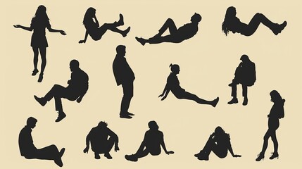 People top view frame. People silhouette, male and female action and sitting above view, people silhouette top view. Vector isolated set of above view human illustration