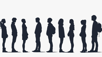 Wall Mural - Highly detailed silhouettes of people standing in line, isolated on a white background in high-resolution PNG format. Perfect for realistic illustrations, clip art, and graphic design projects.