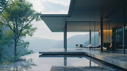 Wall Mural - A minimalist house featuring a dramatic, cantilevered roof, with a skinny, steel column support. 