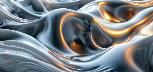 Poster - Abstract 3D render with metal shape modern futuristic dynamic wave background, minimalism. Generative AI.