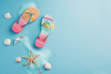 Top view of colorful flip-flops surrounded by seashells and a starfish, arranged on a vibrant blue surface, evoking the joyous essence of summer and beach holidays