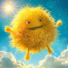 Wall Mural - Sunshine Furball Monster A bright yellow, sun-shaped fluffy monster with rays of fur extending outward, AI Generative