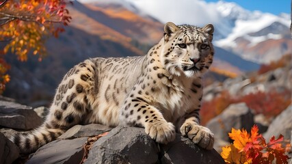 Wall Mural - Magnificent Snow Leopard Perched atop Himalayan Rocks amongst a Vivacious Autumnal Landscape