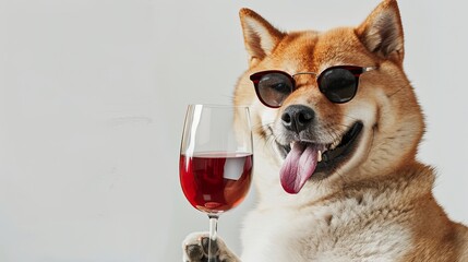 Canvas Print - 10h portrait of a great akita wearing sunglasses and holding a glass of red wine, wagging it's tongue, happy expression