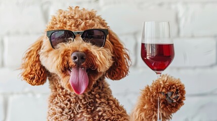 Sticker - great brown golden doodle wearing sunglasses and holding a glass of red wine, wagging it's tongue, happy expression, modern minimalist white decor banner