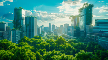 Wall Mural - Cityscape with buildings and green lush, showcasing a unique blend of architecture and nature.