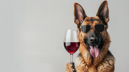 dog great german shepherd wearing sunglasses and holding a glass of red wine, wagging it's tongue, happy expression, banner with copy space