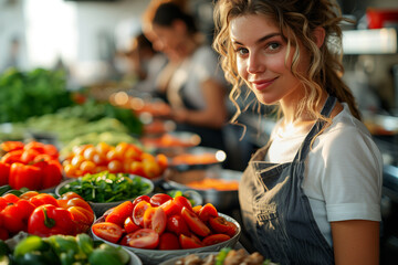 A zero-waste cooking class demonstrating techniques for using food scraps and leftovers to create delicious meals.A woman stands in front of a table packed with various vegetables