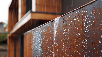 Wall Mural - A minimalist house with a Corten steel exterior, rain droplets creating a mesmerizing pattern as they roll down the textured surface. 