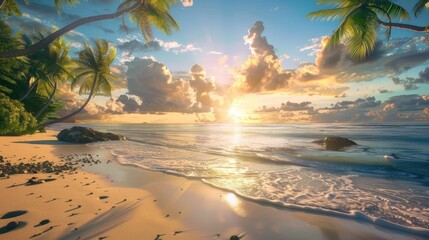 Wall Mural - Tropical beach at sunrise with sandy shore and palm trees