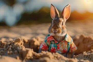 Wall Mural - A rabbit wearing a Hawaiian shirt and sitting in a sandcastle