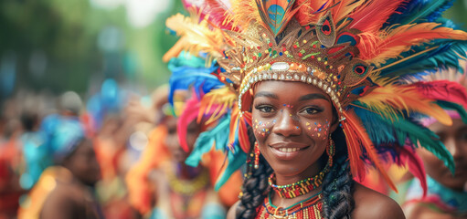 A smiling young woman in a colorful feathered headdress at the Notting Hill Carnival, embodying the event's spirit