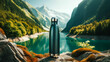 © chopoo - black steel eco thermo water bottle against a tranquil mountain lake backdrop.