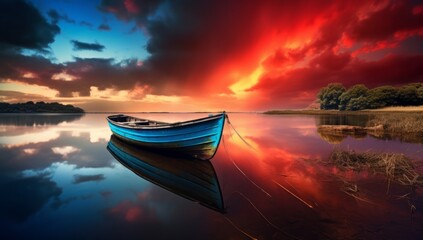 Wall Mural - Crimson Horizons Solitude boat on the Waters red skies above.