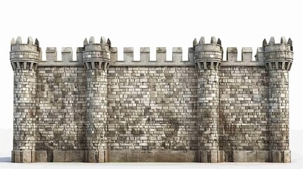 Architectural building with medieval castle walls on white background